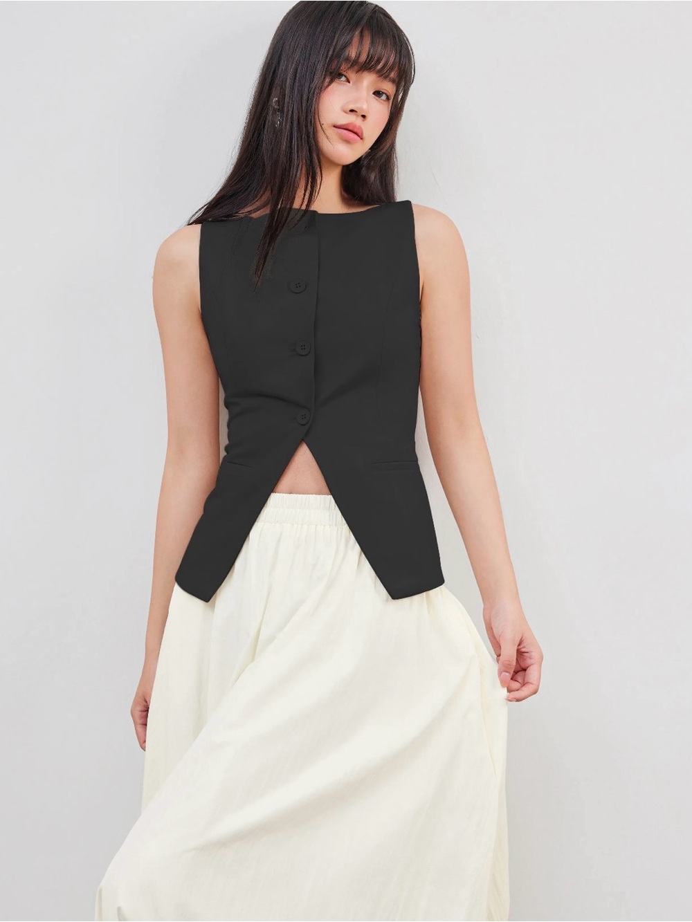 Cider Black Tailored Peplum Button Vest - Picture 2 of 5